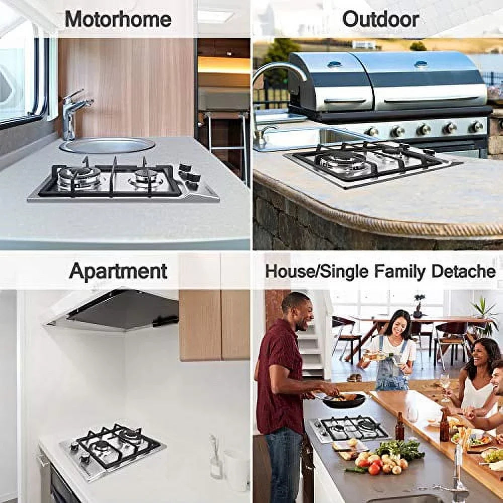 Inches RVs, Burners,12 Built-in Clean Gas Portable to Stainless Apartments, Gas Cooktop LPG/NG 2 Gas Fuel Hob Dual Outdoor Steel for Stove Easy