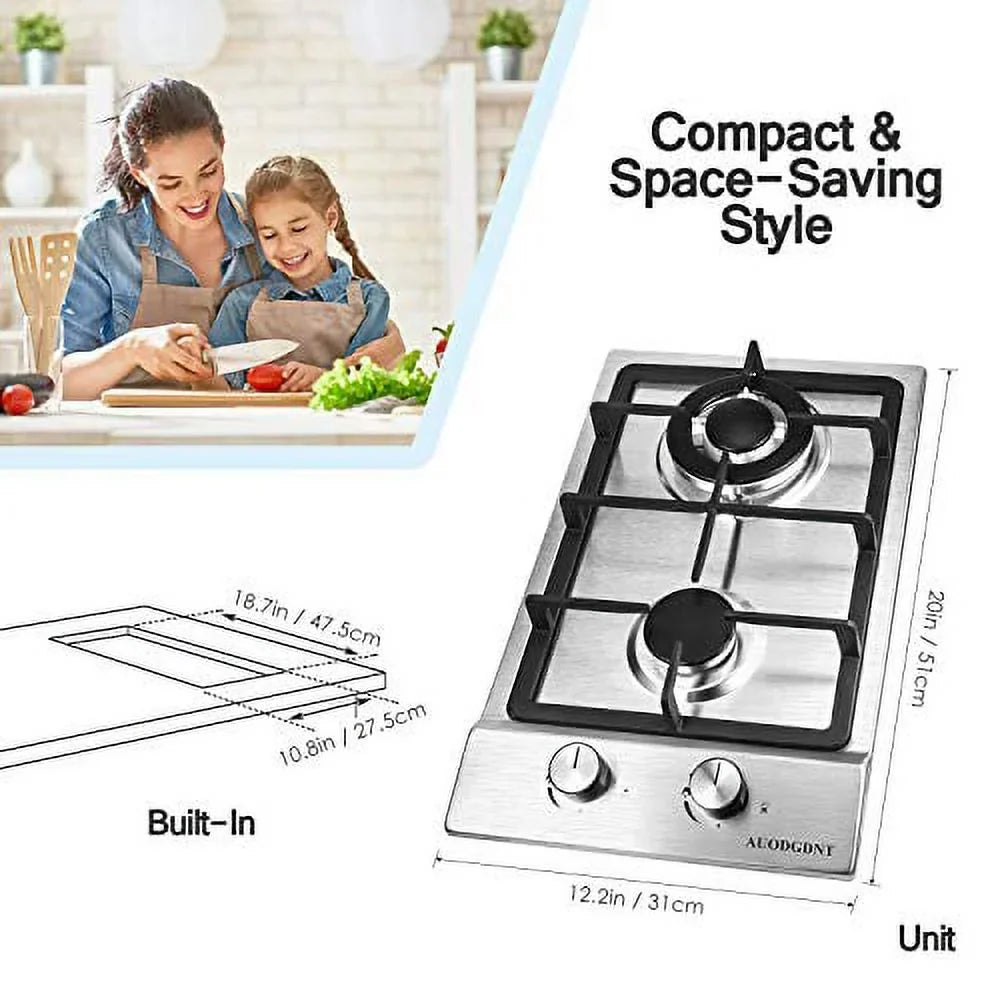 Inches RVs, Burners,12 Built-in Clean Gas Portable to Stainless Apartments, Gas Cooktop LPG/NG 2 Gas Fuel Hob Dual Outdoor Steel for Stove Easy