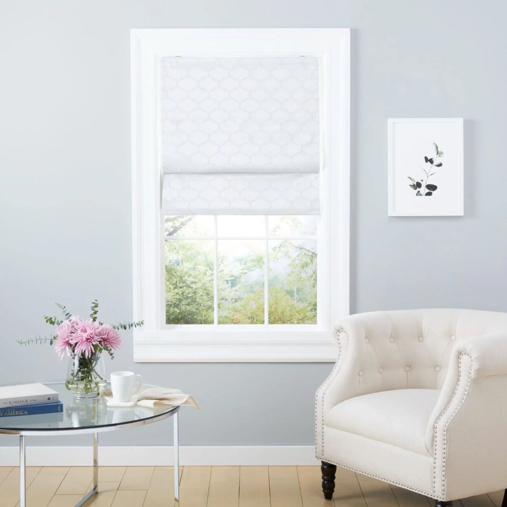 Home White 31"x64", Exclusive Total Trellis Shade, Montague Blackout Roman